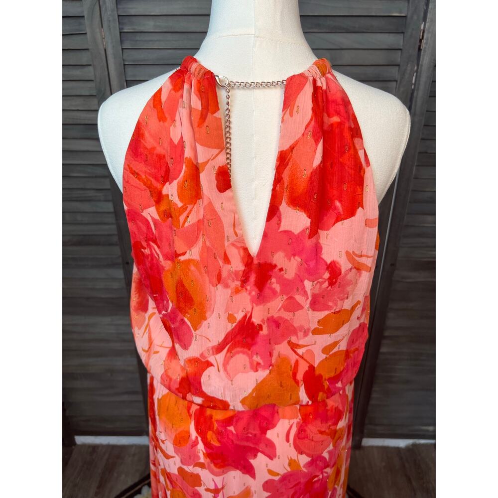 MSK Pink Coral Orange Floral Maxi Dress 12 NWT Rose Gold Hardware Halter $129 - Picture 7 of 10